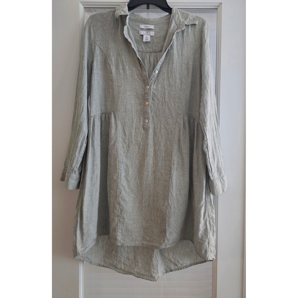 H Halston Womens Small 100%‎ Linen Tunic Dress Sage Green Long Sleeve